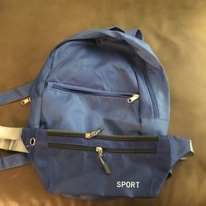 Travel bags. Small blue backpack and Fanny pack. Nylon. New, not used.